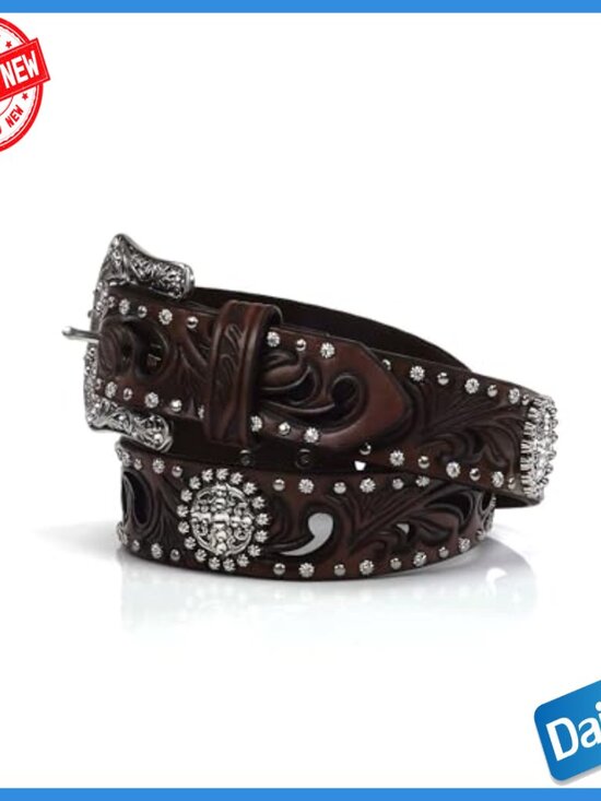 Large Genuine Leather Western Belt with Rhinestone Conchos main image 7